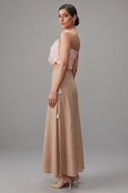 Light Peach Net 3D Floral Off Shoulder Crop Top with Asymmetrical Skirt