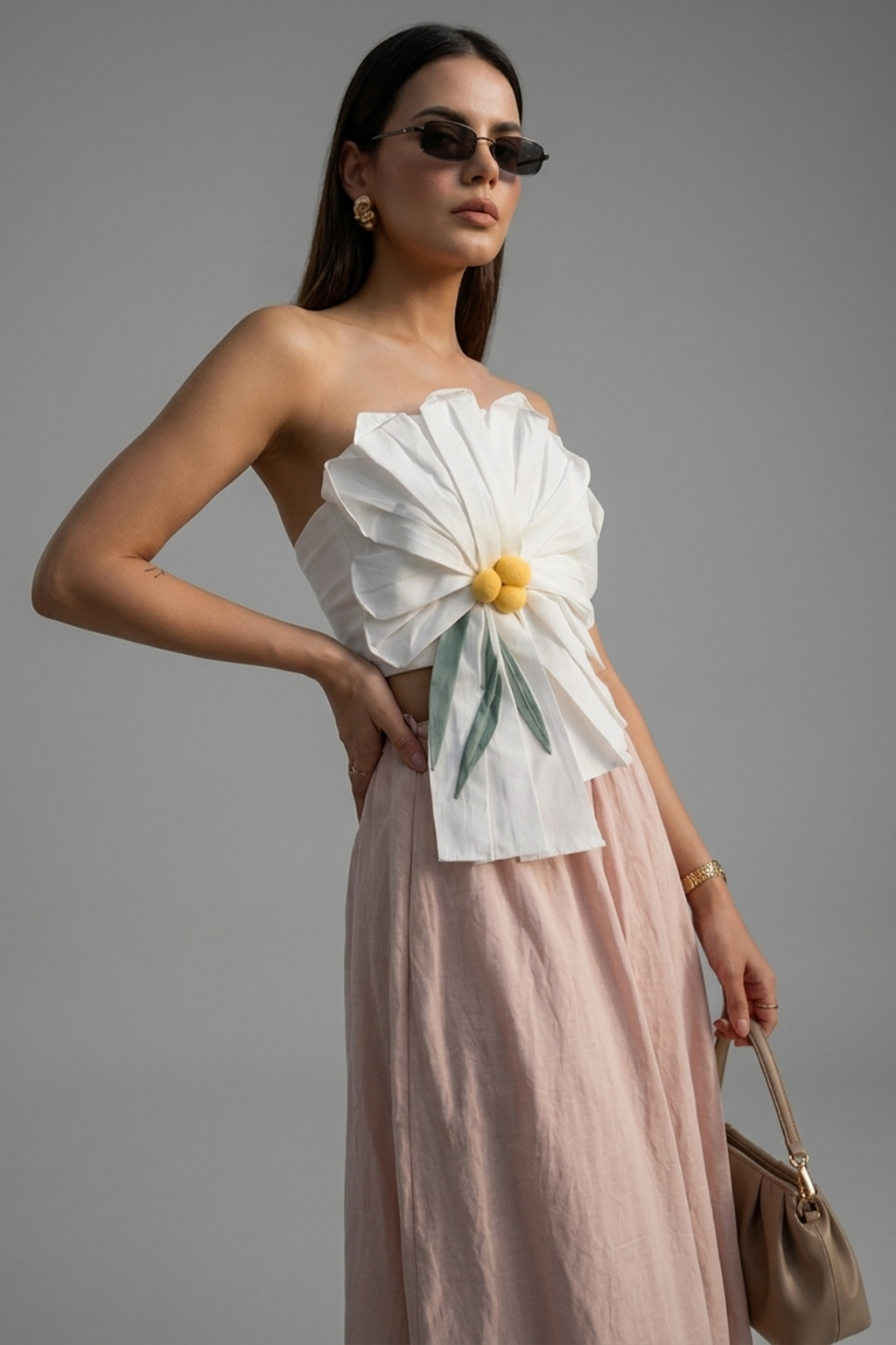 Off White Cotton Floral 3D Off Shoulder Crop Top with Skirt