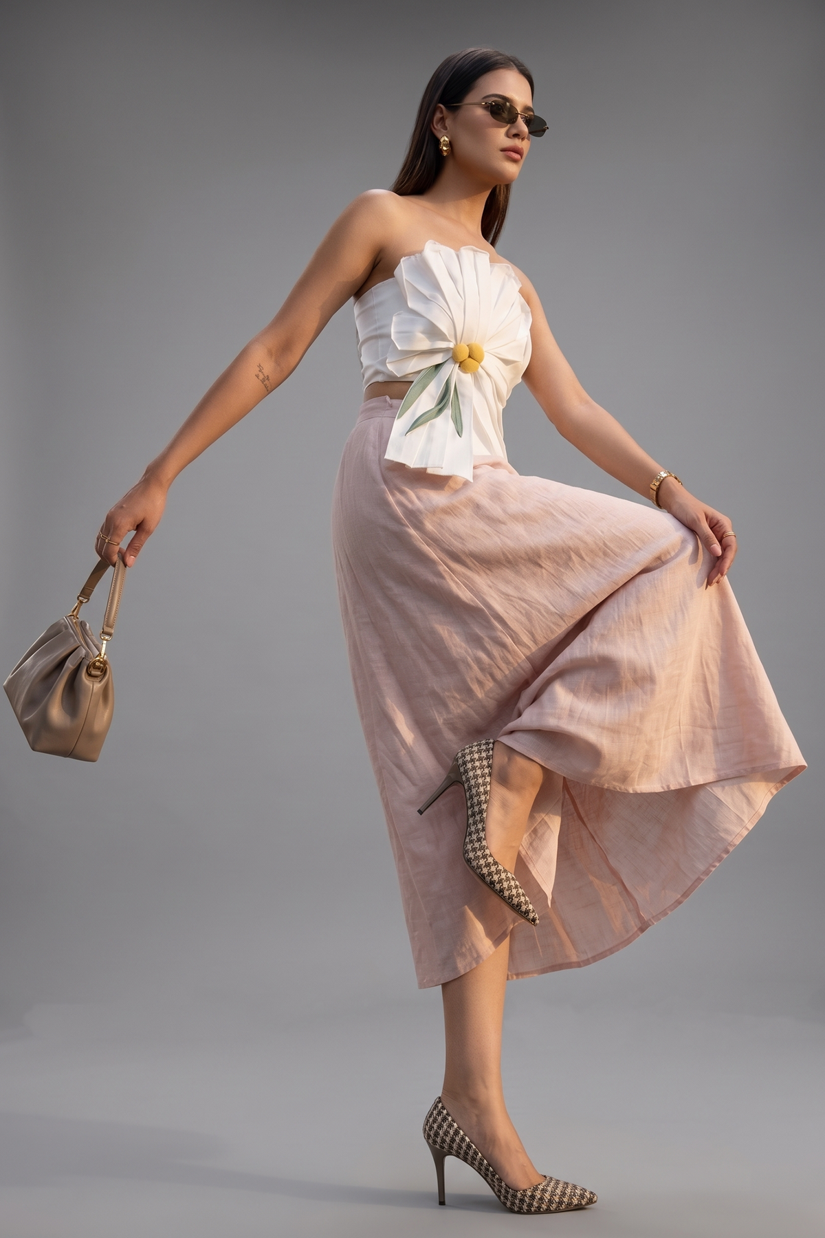 Off White Cotton Floral 3D Off Shoulder Crop Top with Skirt