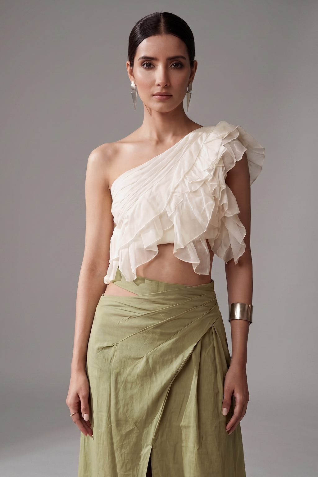Off White Organza One Shoulder Crop Top with Asymmetrical Slit Cut Skirt