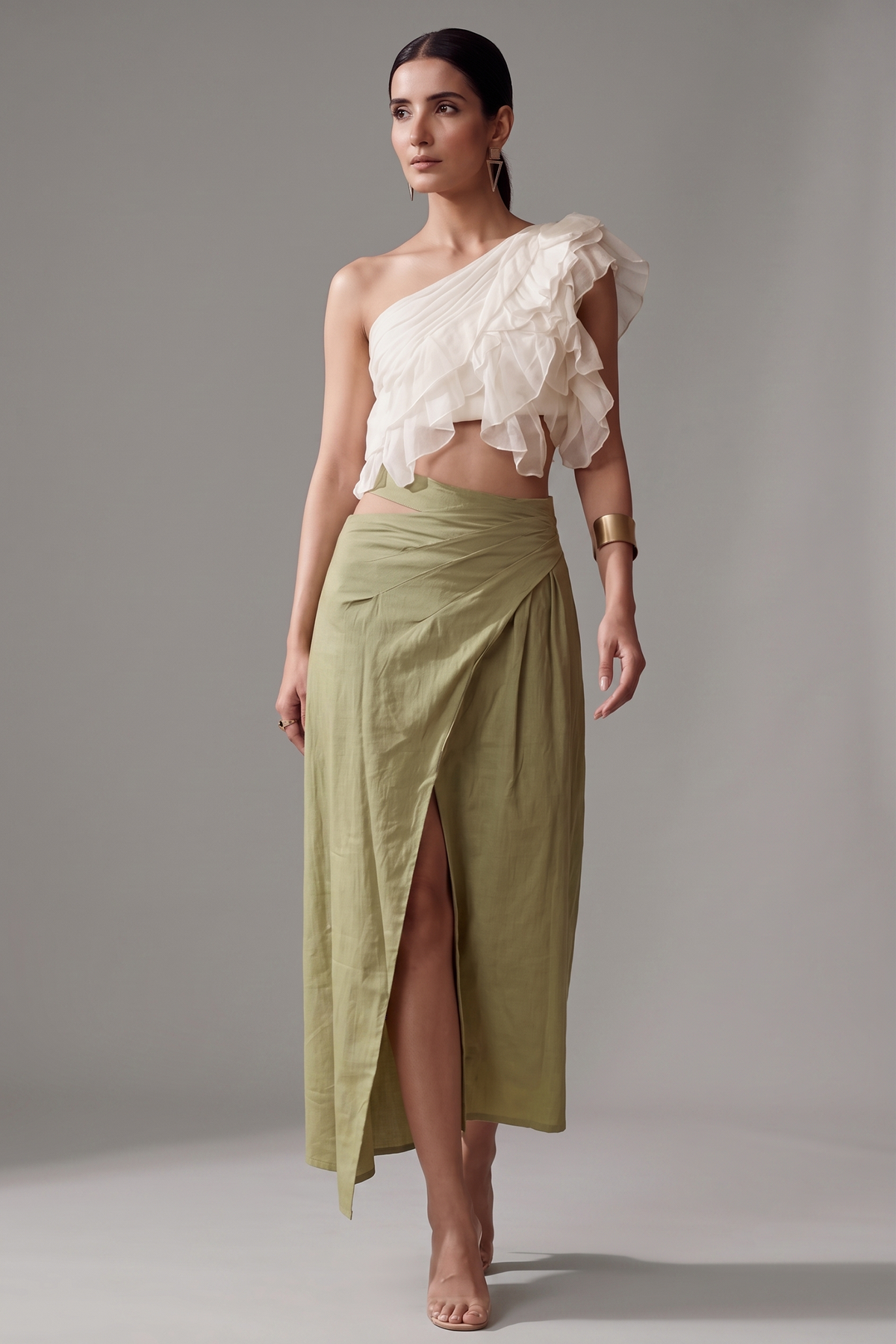 Off White Organza One Shoulder Crop Top with Asymmetrical Slit Cut Skirt