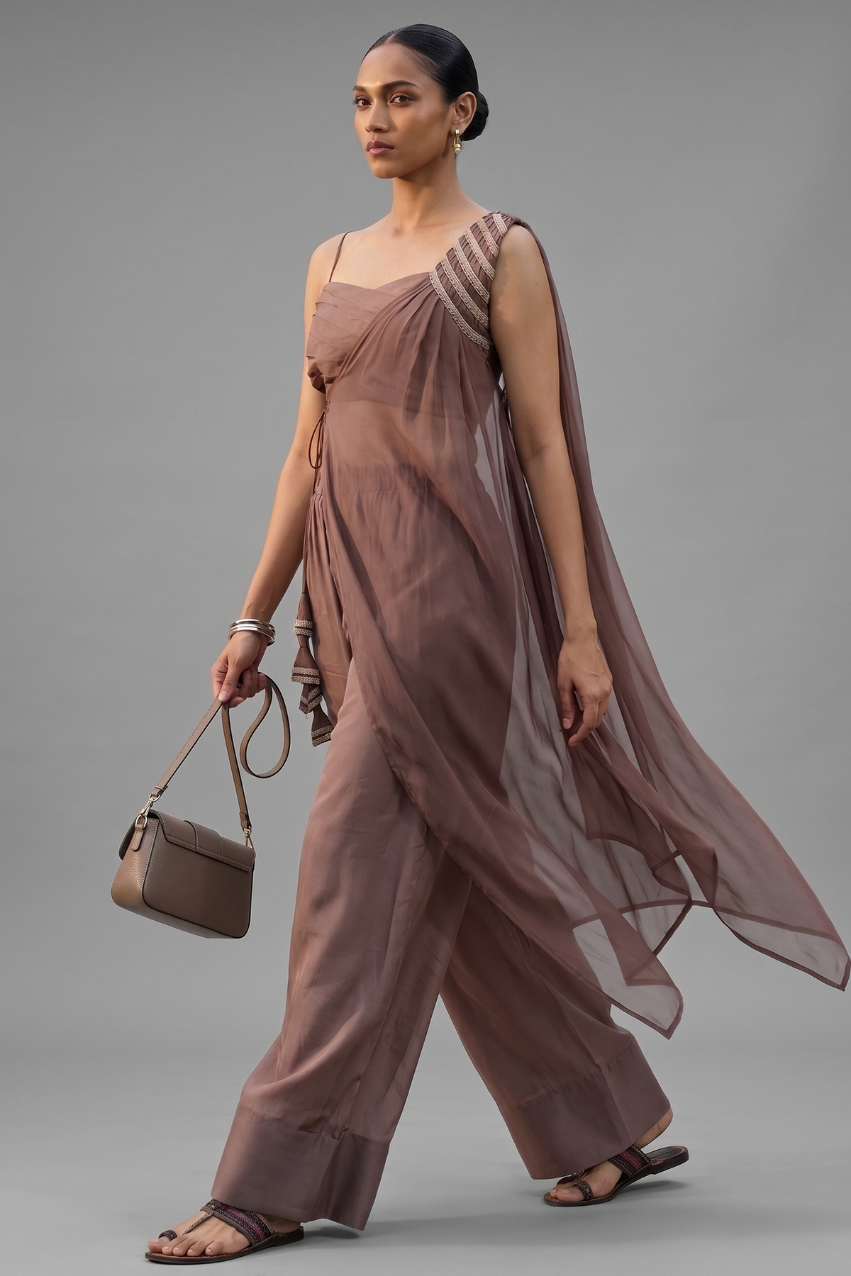 Mocha Brown Organza Modal Silk Crop Top Palazzo Set with Cape