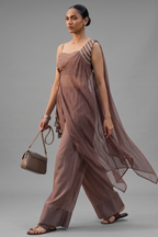 Mocha Brown Organza Modal Silk Crop Top Palazzo Set with Cape
