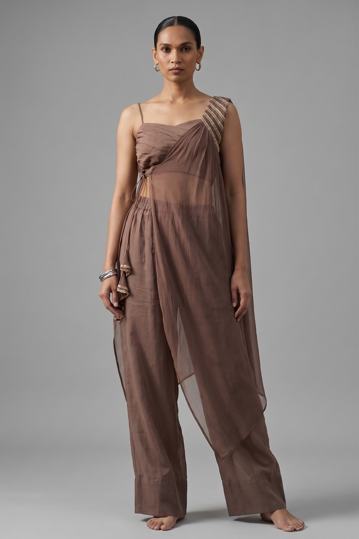 Mocha Brown Organza Modal Silk Crop Top Palazzo Set with Cape