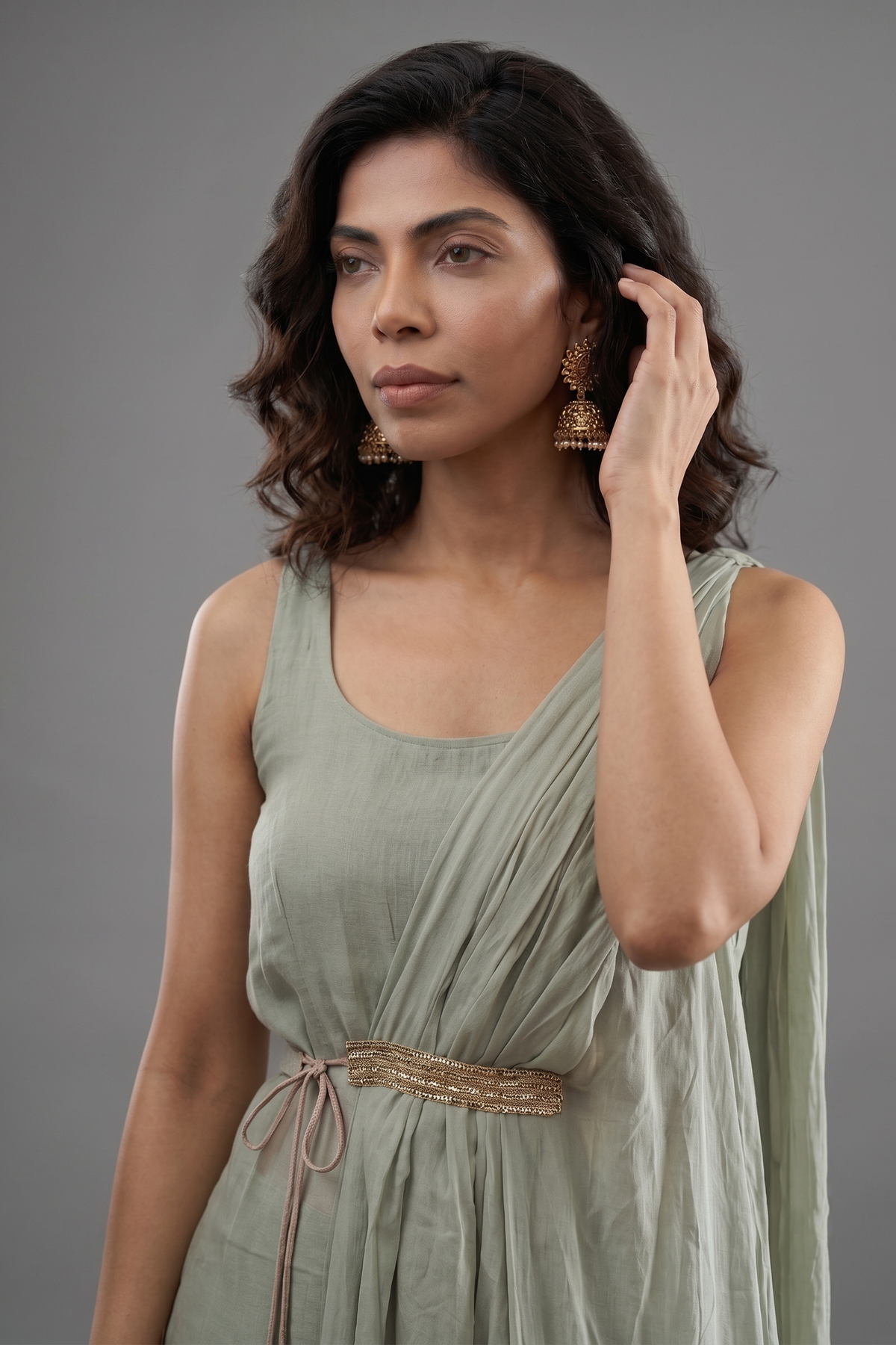 Sage Green Organza Modal Silk Straight Cut Palazzo Set with Cape