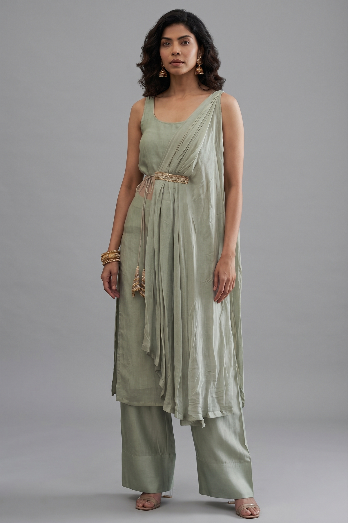 Sage Green Organza Modal Silk Straight Cut Palazzo Set with Cape