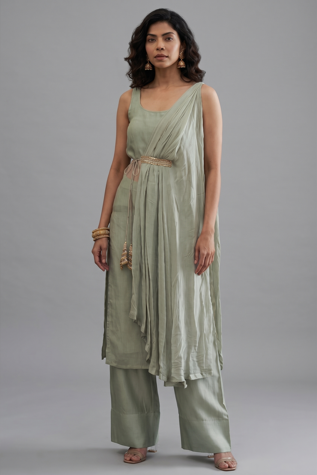 Sage Green Organza Modal Silk Straight Cut Palazzo Set with Cape