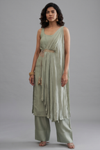Sage Green Organza Modal Silk Straight Cut Palazzo Set with Cape