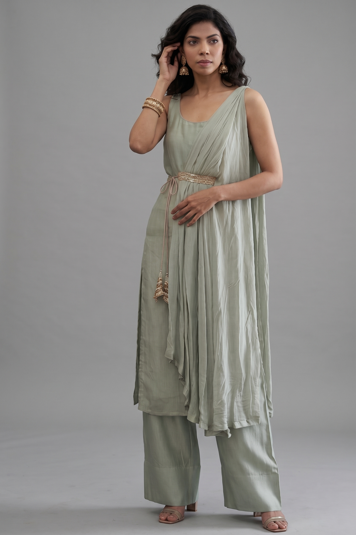 Sage Green Organza Modal Silk Straight Cut Palazzo Set with Cape