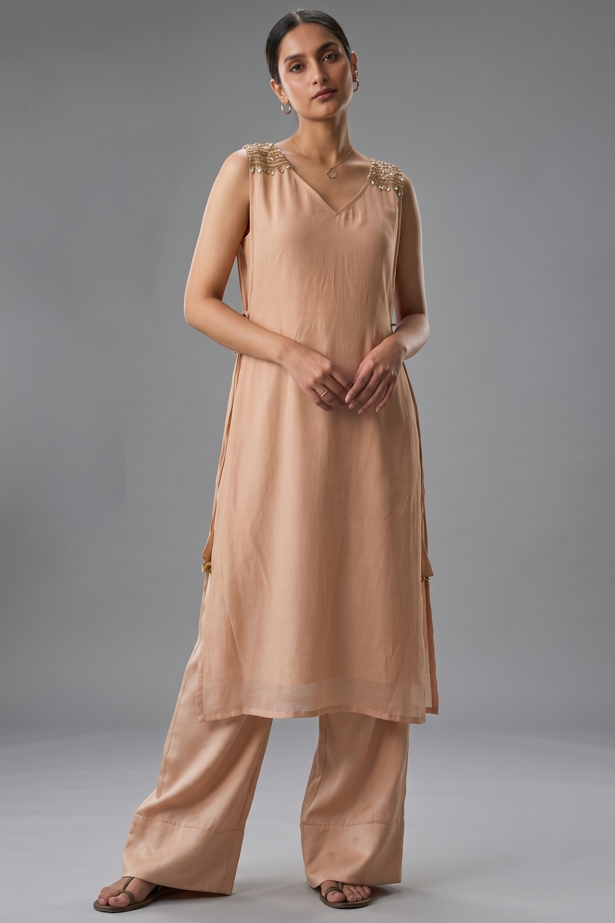 Light Champagne Golden Modal Silk Straight Cut Kurti and Palazzo Set