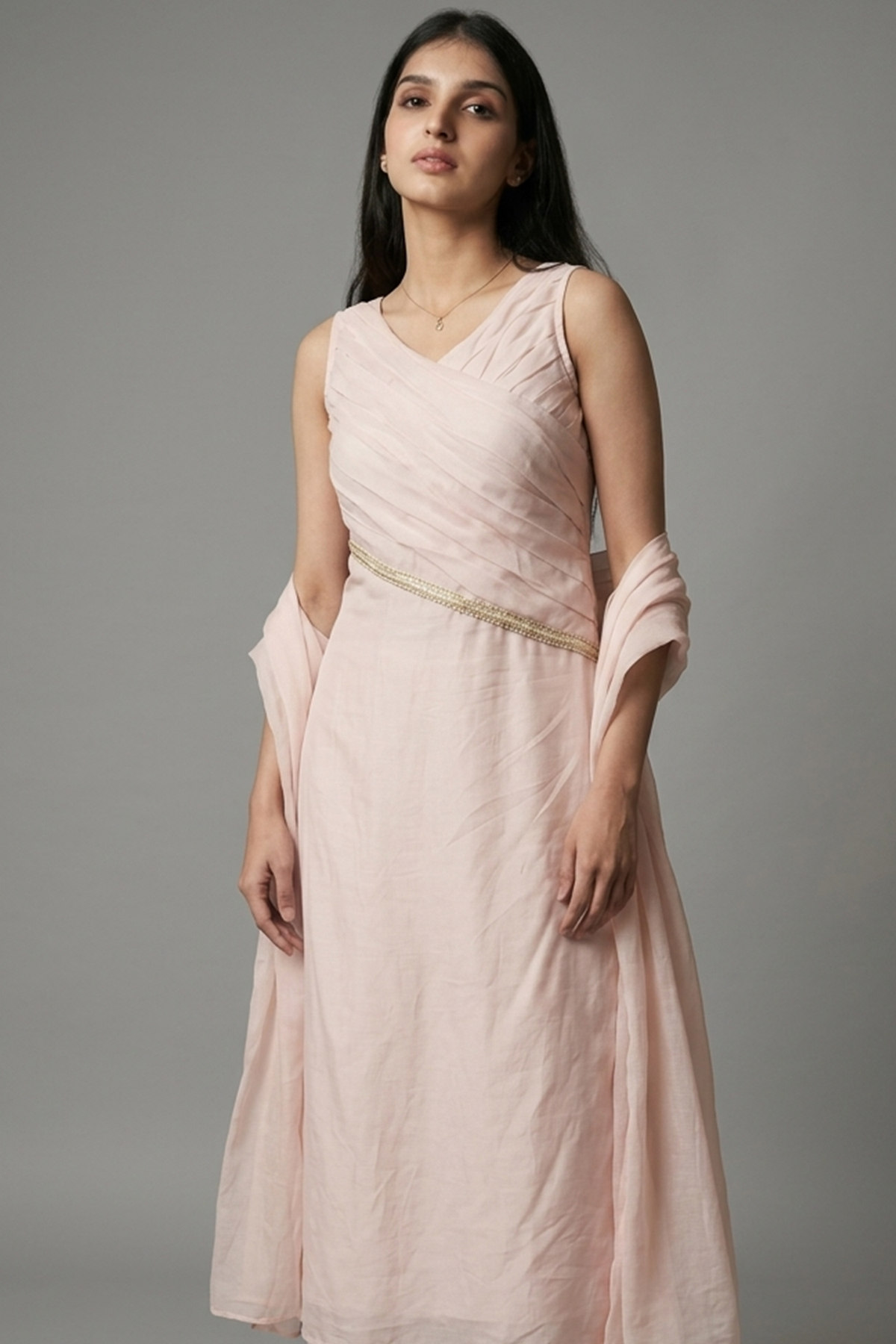 Pastel Pink Organza Modal Silk Sequin and Beaded Work Straight Cut Kurti Set