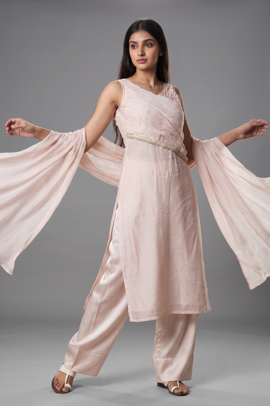Pastel Pink Organza Modal Silk Sequin and Beaded Work Straight Cut Kurti Set