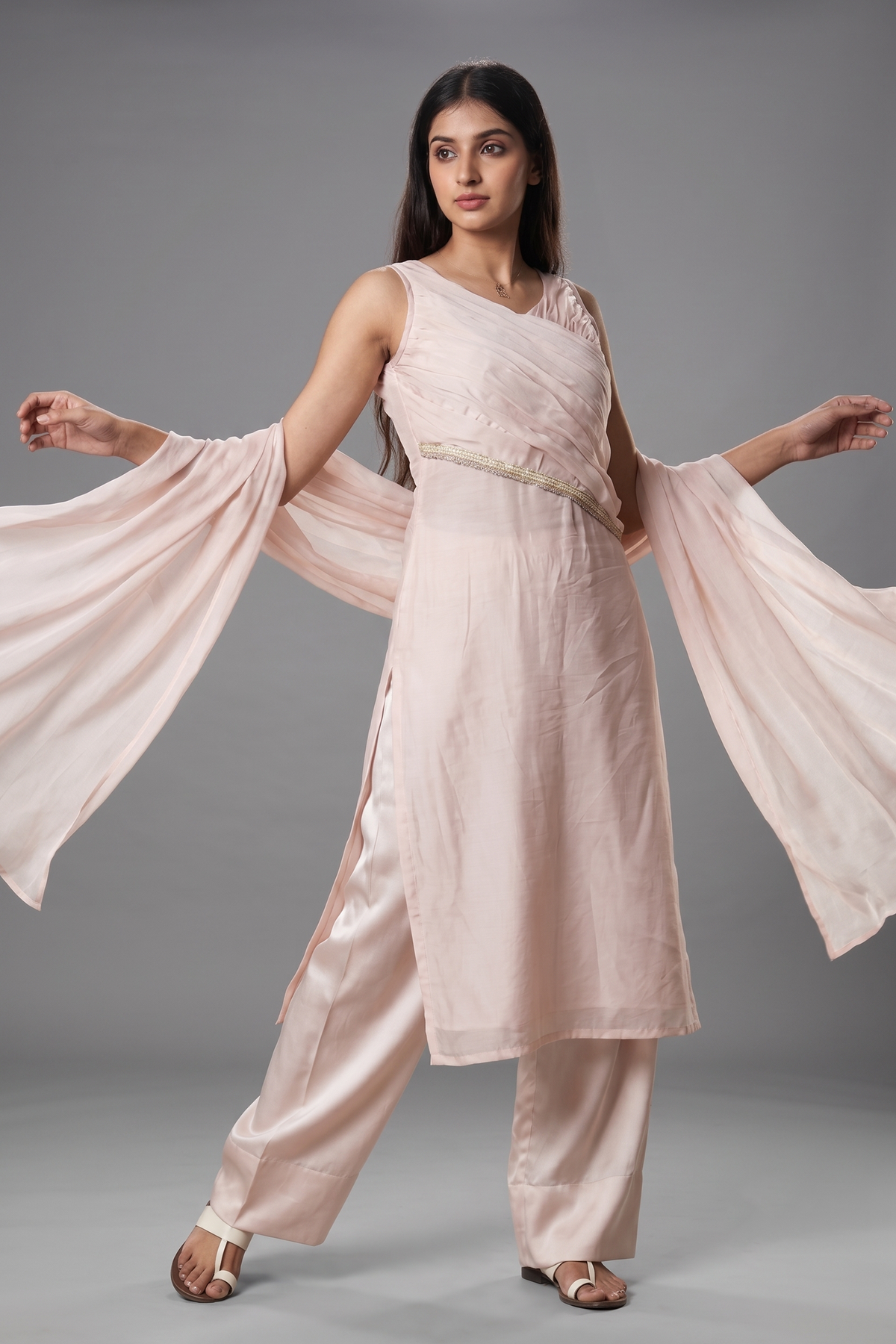 Pastel Pink Organza Modal Silk Sequin and Beaded Work Straight Cut Kurti Set