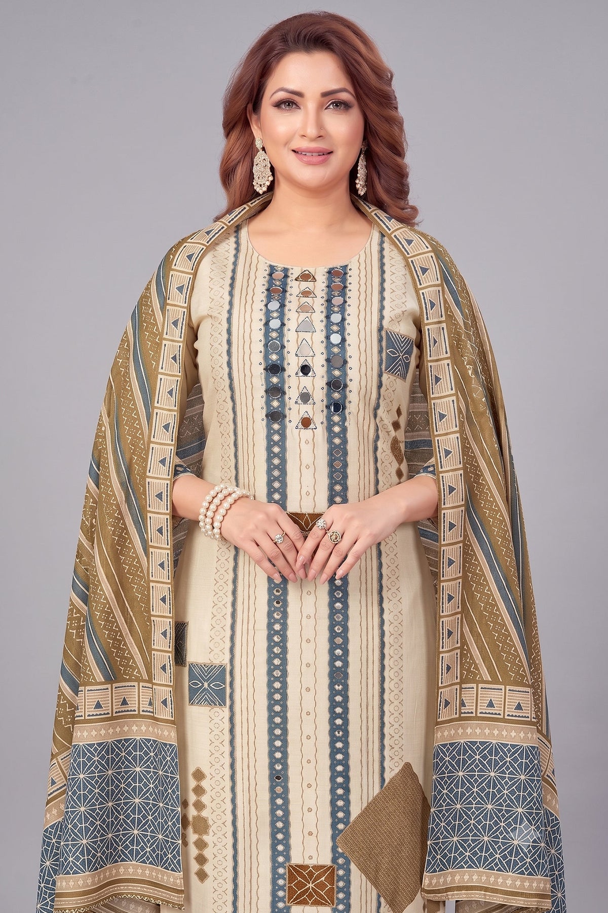 Cream Crepe Art Silk Printed Straight Cut Kurti Set with Mirror Work
