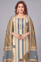 Cream Crepe Art Silk Printed Straight Cut Kurti Set with Mirror Work