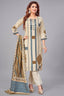 Cream Crepe Art Silk Printed Straight Cut Kurti Set with Mirror Work