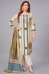 Cream Crepe Art Silk Printed Straight Cut Kurti Set with Mirror Work