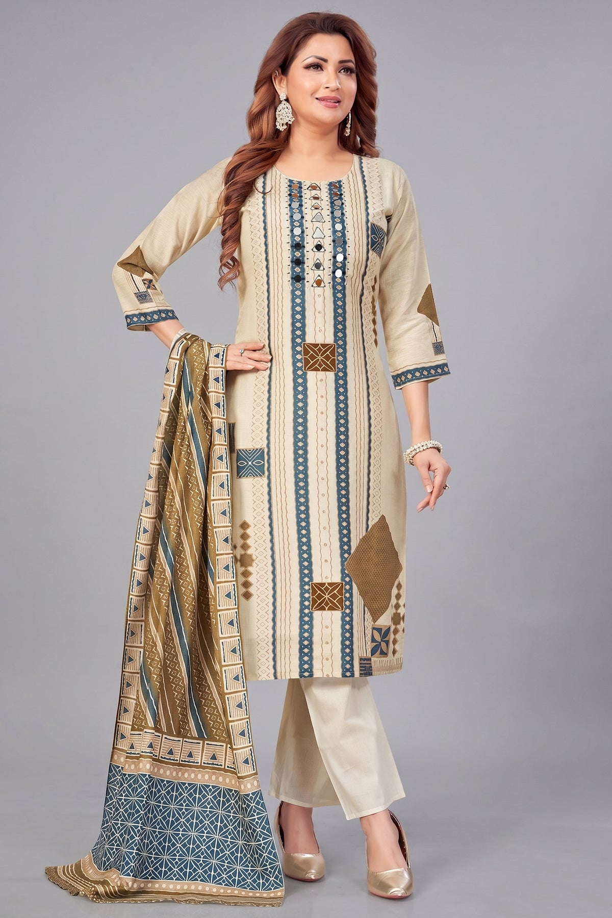 Cream Crepe Art Silk Printed Straight Cut Kurti Set with Mirror Work
