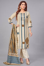 Cream Crepe Art Silk Printed Straight Cut Kurti Set with Mirror Work