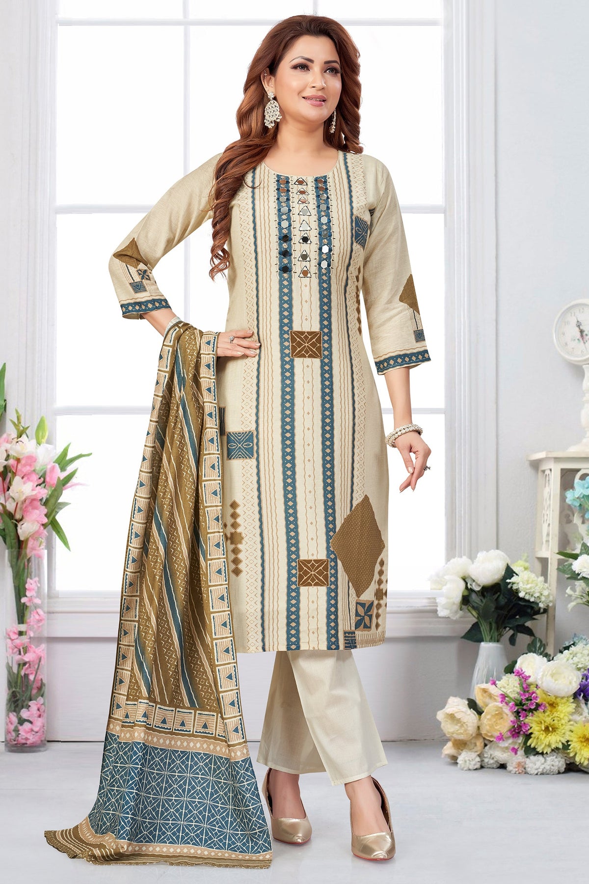 Cream Crepe Art Silk Printed Straight Cut Kurti Set with Mirror Work