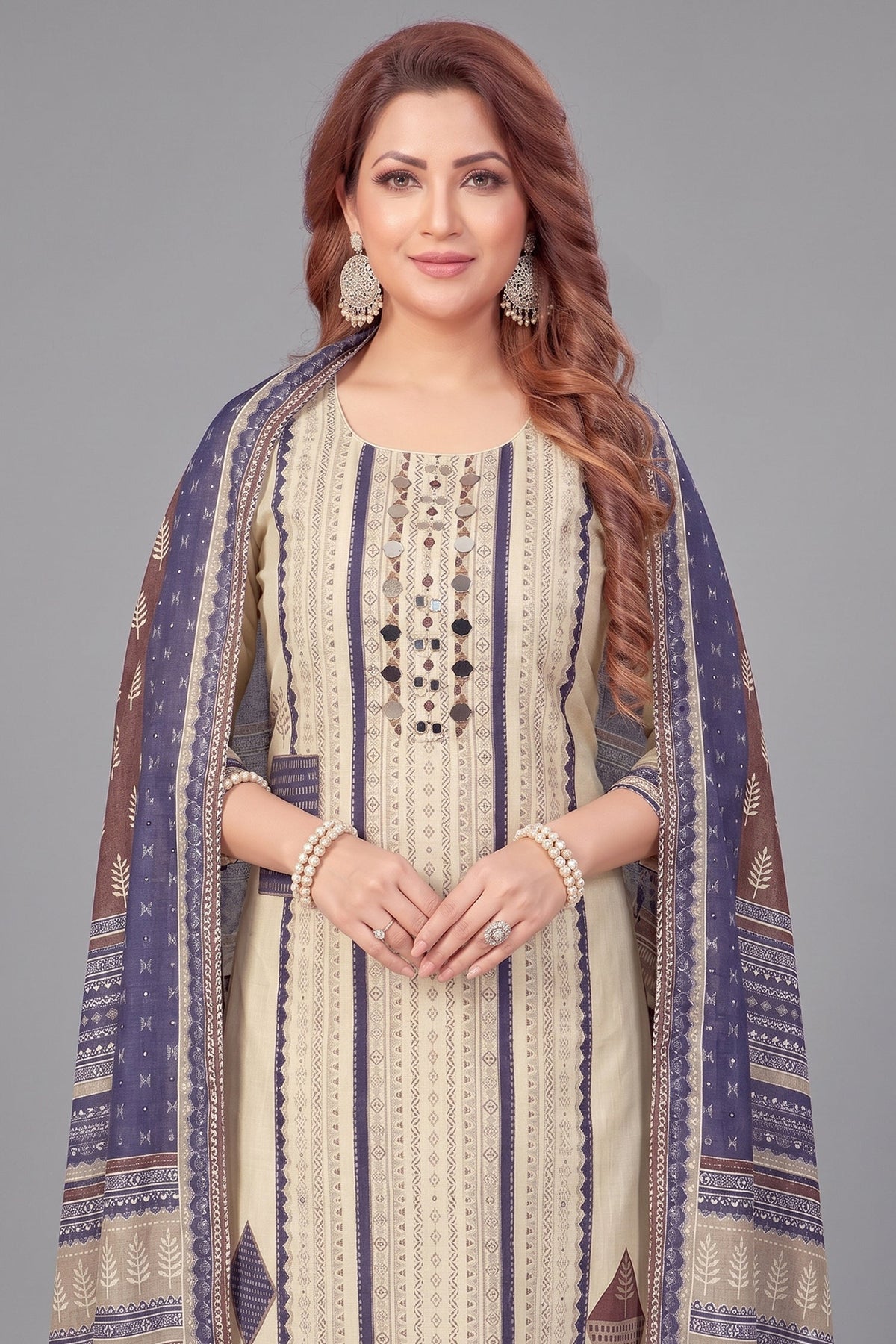 Cream Crepe Art Silk Printed Straight Cut Kurti Set with Mirror Work