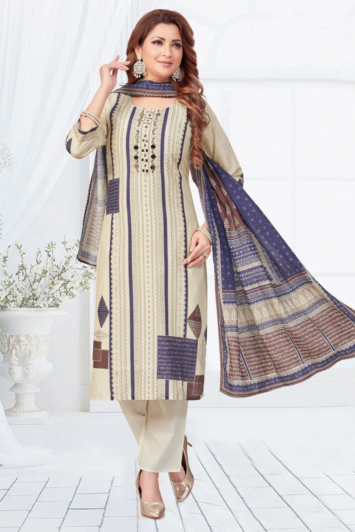 Cream Crepe Art Silk Printed Straight Cut Kurti Set with Mirror Work