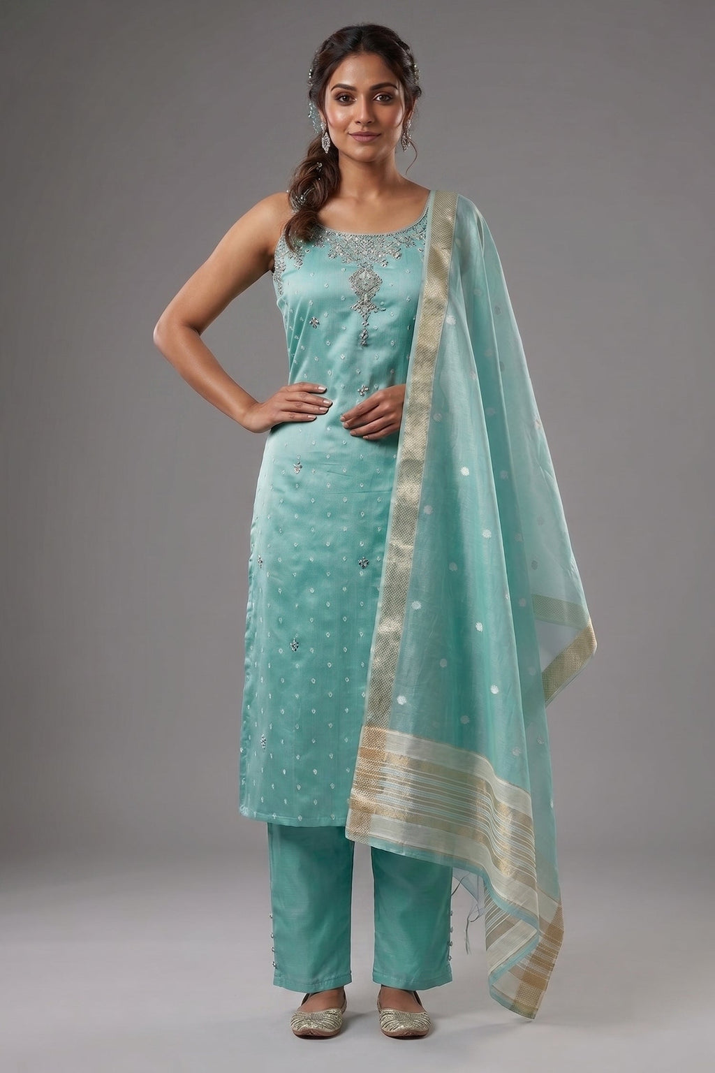 Mint Green Tissue Weaving and Mirror Worked Straight Cut Kurti