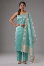 Mint Green Tissue Weaving and Mirror Worked Straight Cut Kurti