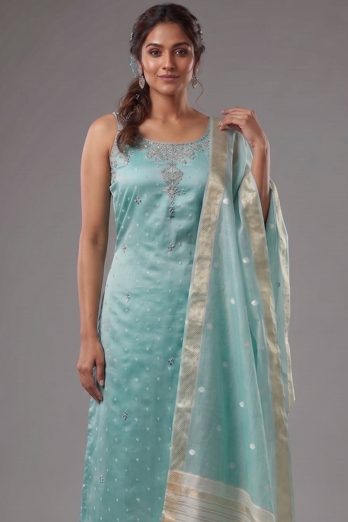 Mint Green Tissue Weaving and Mirror Worked Straight Cut Kurti