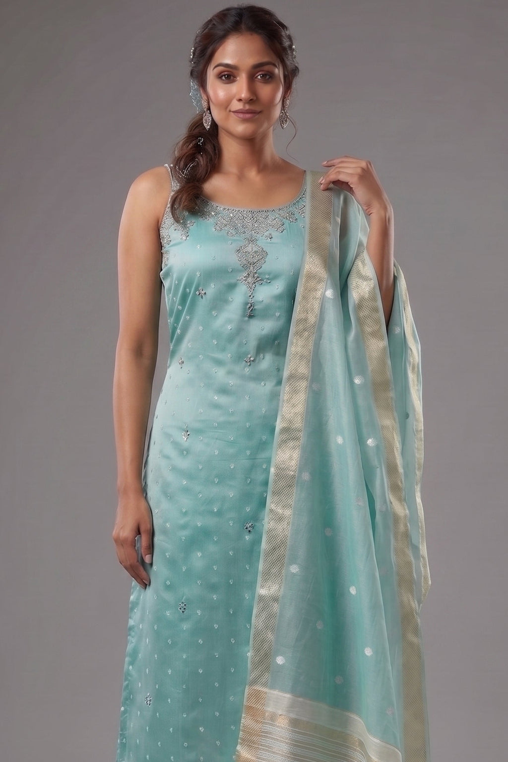 Mint Green Tissue Weaving and Mirror Worked Straight Cut Kurti