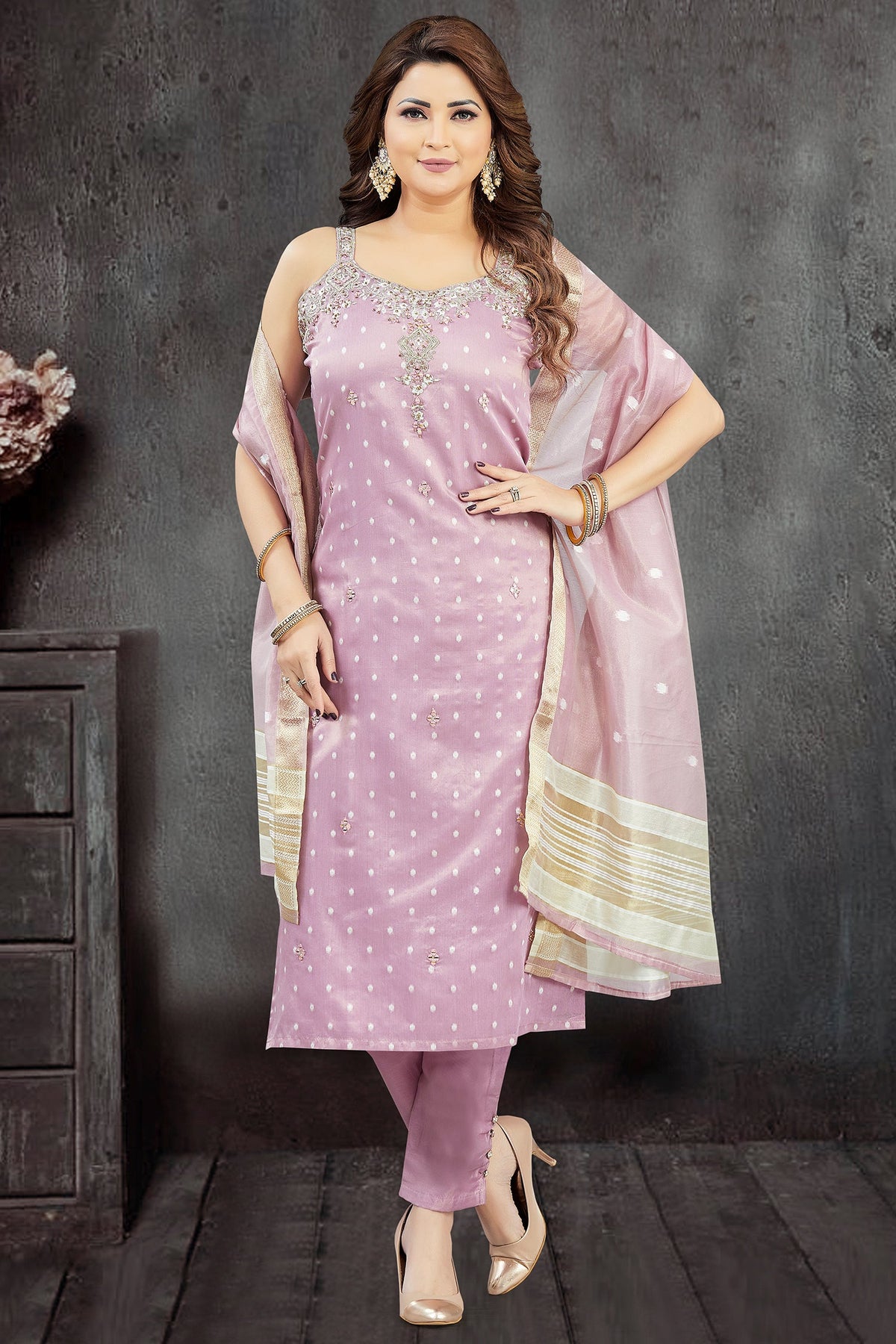 Lavender Tissue Weaving and Mirror Worked Straight Cut Kurti