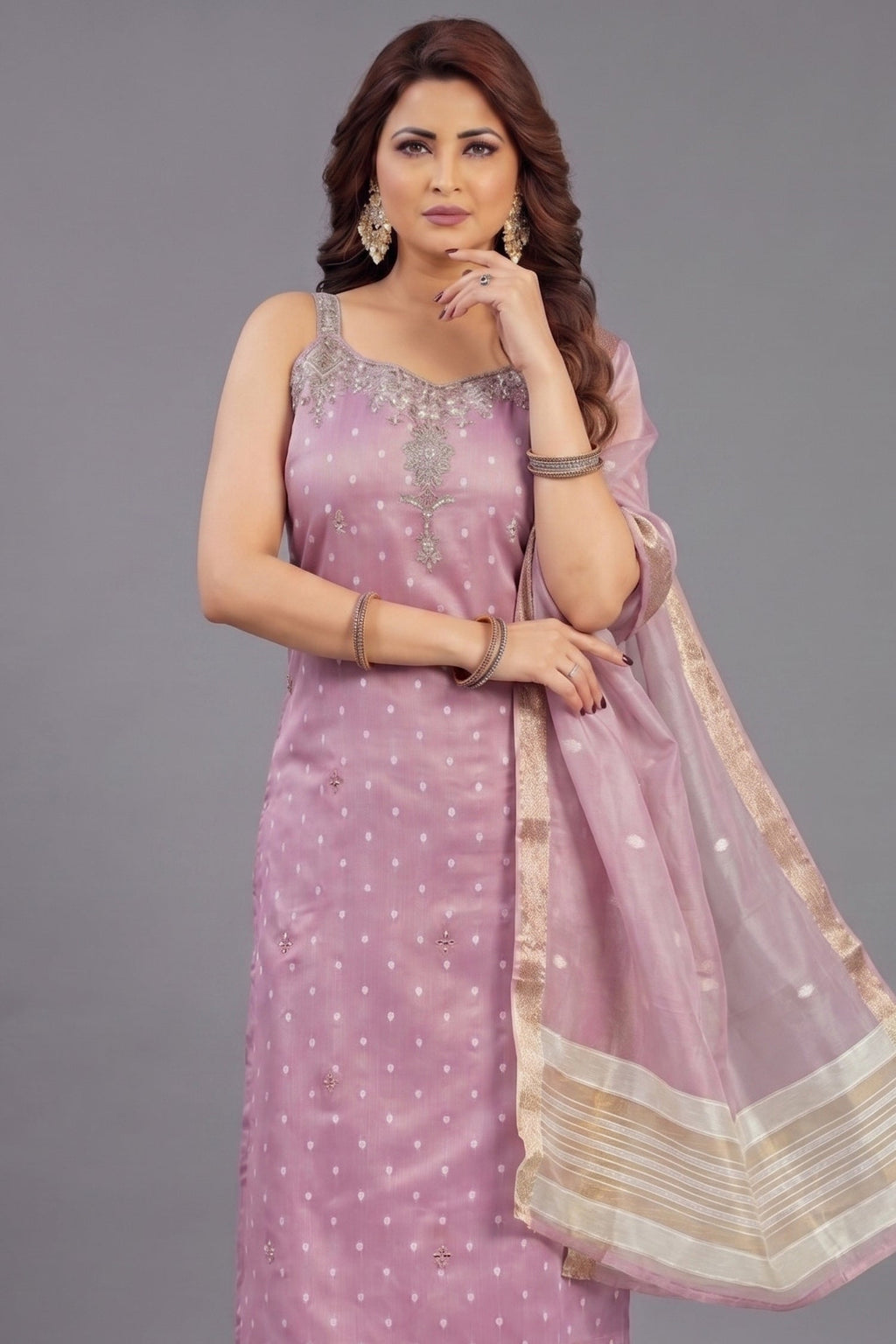 Lavender Tissue Weaving and Mirror Worked Straight Cut Kurti