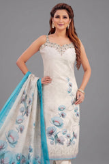 Cream and Blue Art Silk Floral Printed Straight Cut Kurti Set