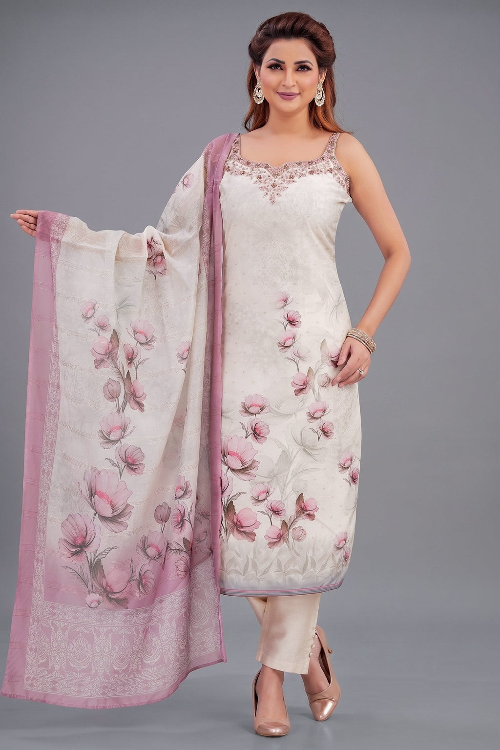 Cream and Pink Art Silk Floral Printed Straight Cut Kurti Set