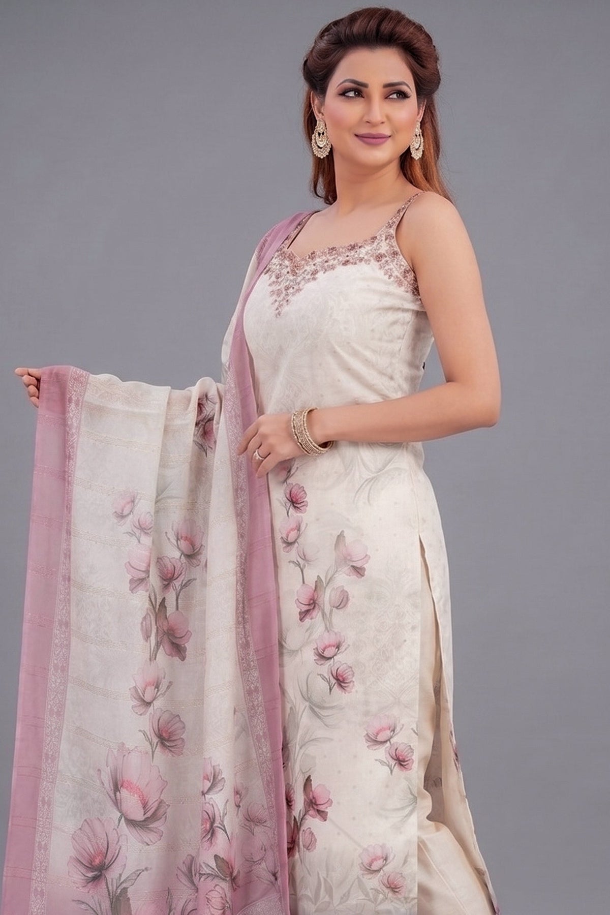 Cream and Pink Art Silk Floral Printed Straight Cut Kurti Set
