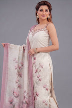 Cream and Pink Art Silk Floral Printed Straight Cut Kurti Set