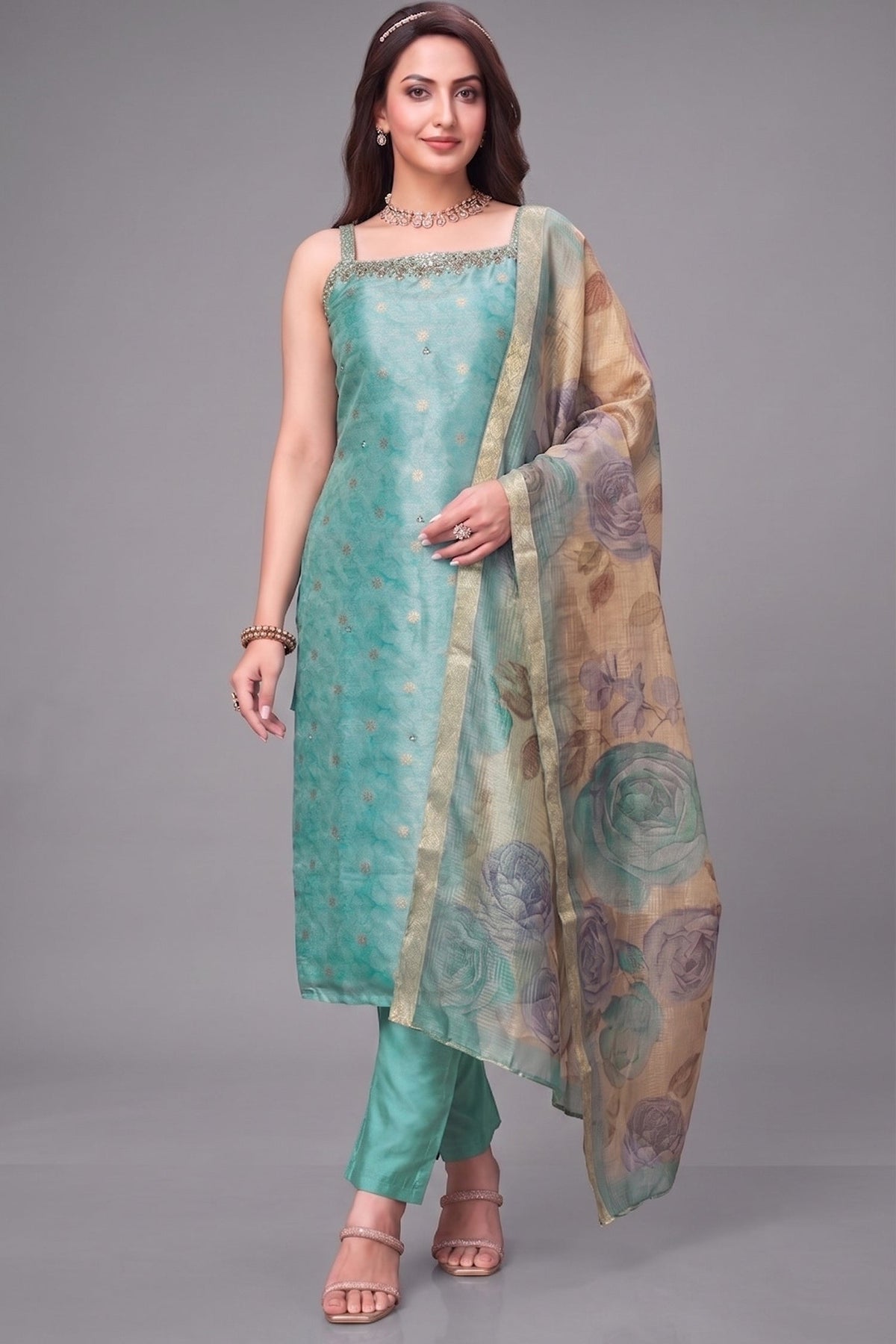Aqua Blue Tissue Jacquard Straight Cut Kurti Set