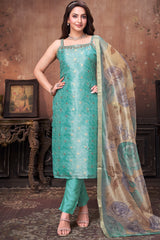 Aqua Blue Tissue Jacquard Straight Cut Kurti Set