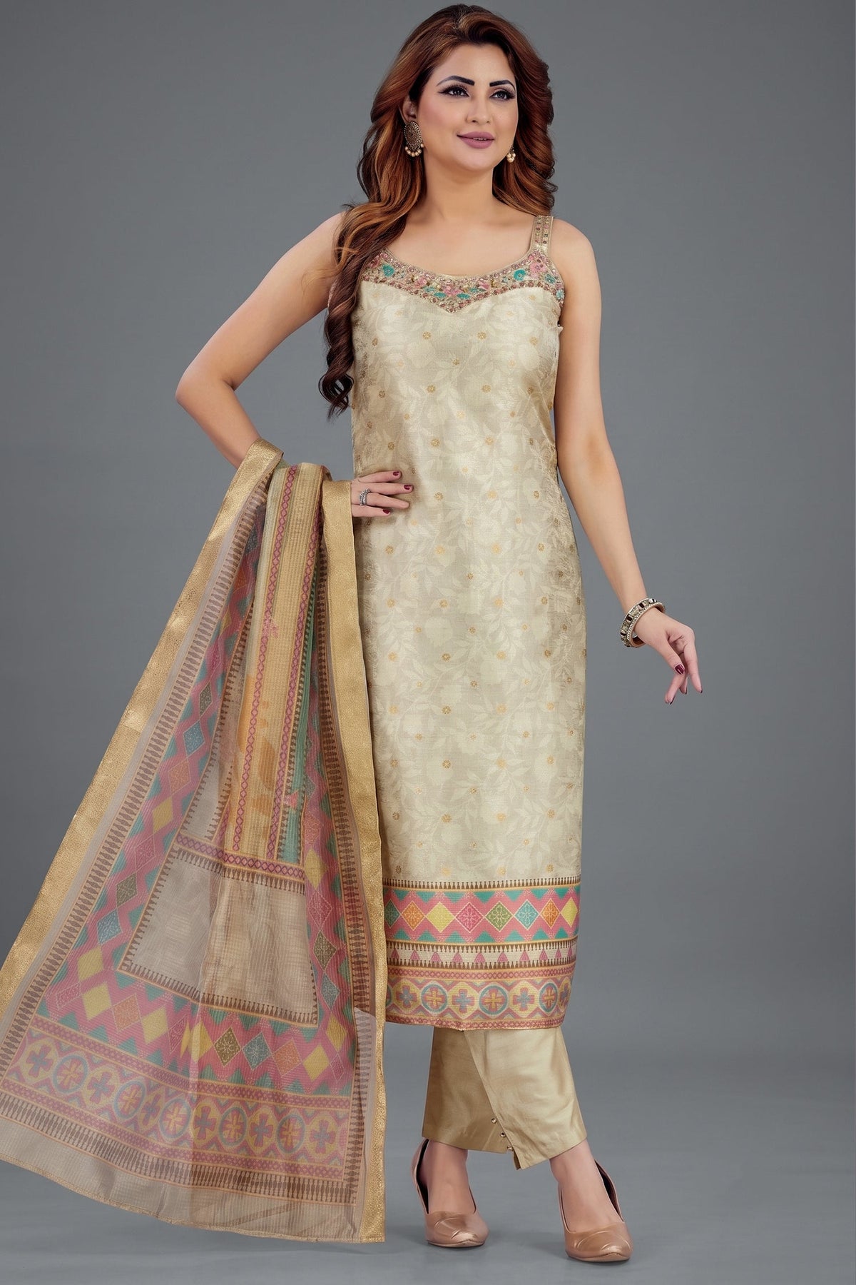 Beige Jacquard Printed Straight Cut Kurti Set