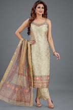 Beige Jacquard Printed Straight Cut Kurti Set