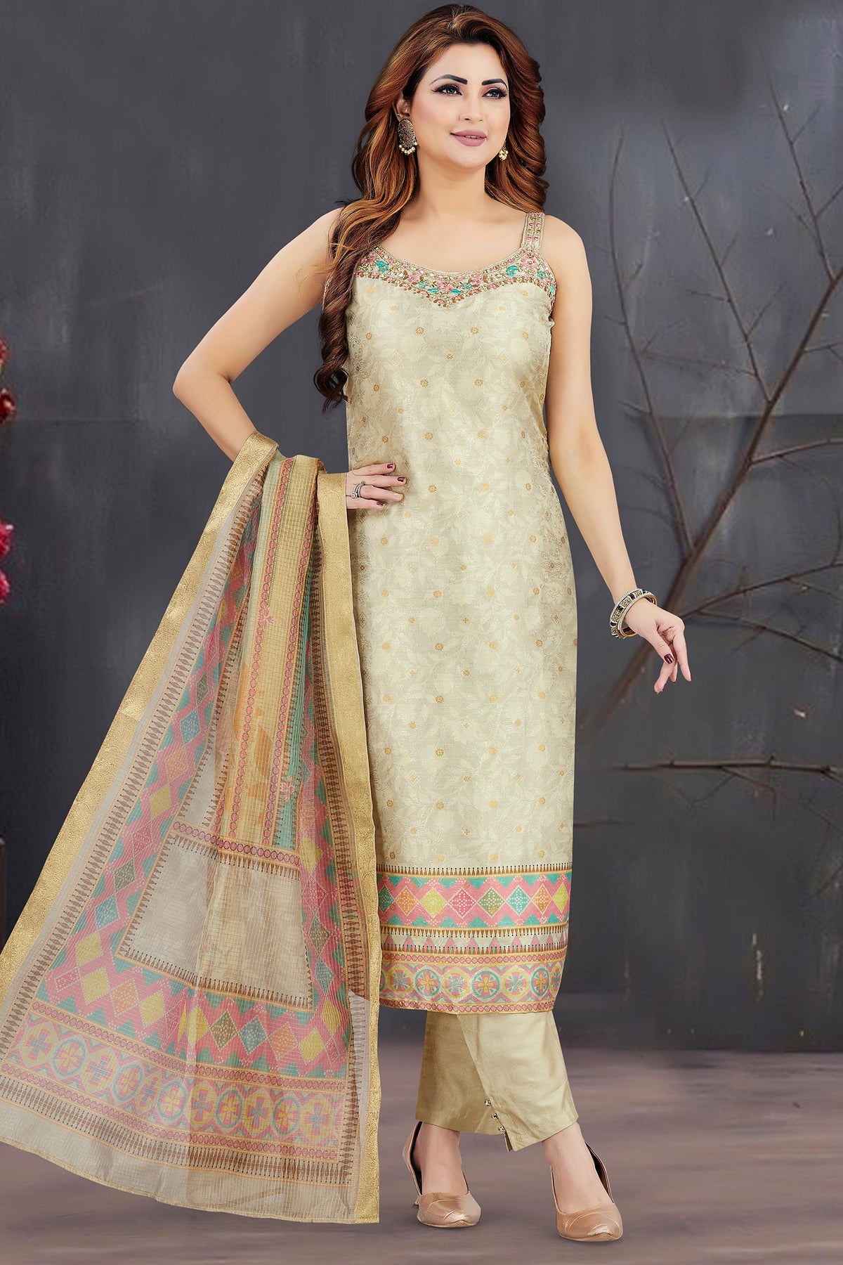 Beige Jacquard Printed Straight Cut Kurti Set