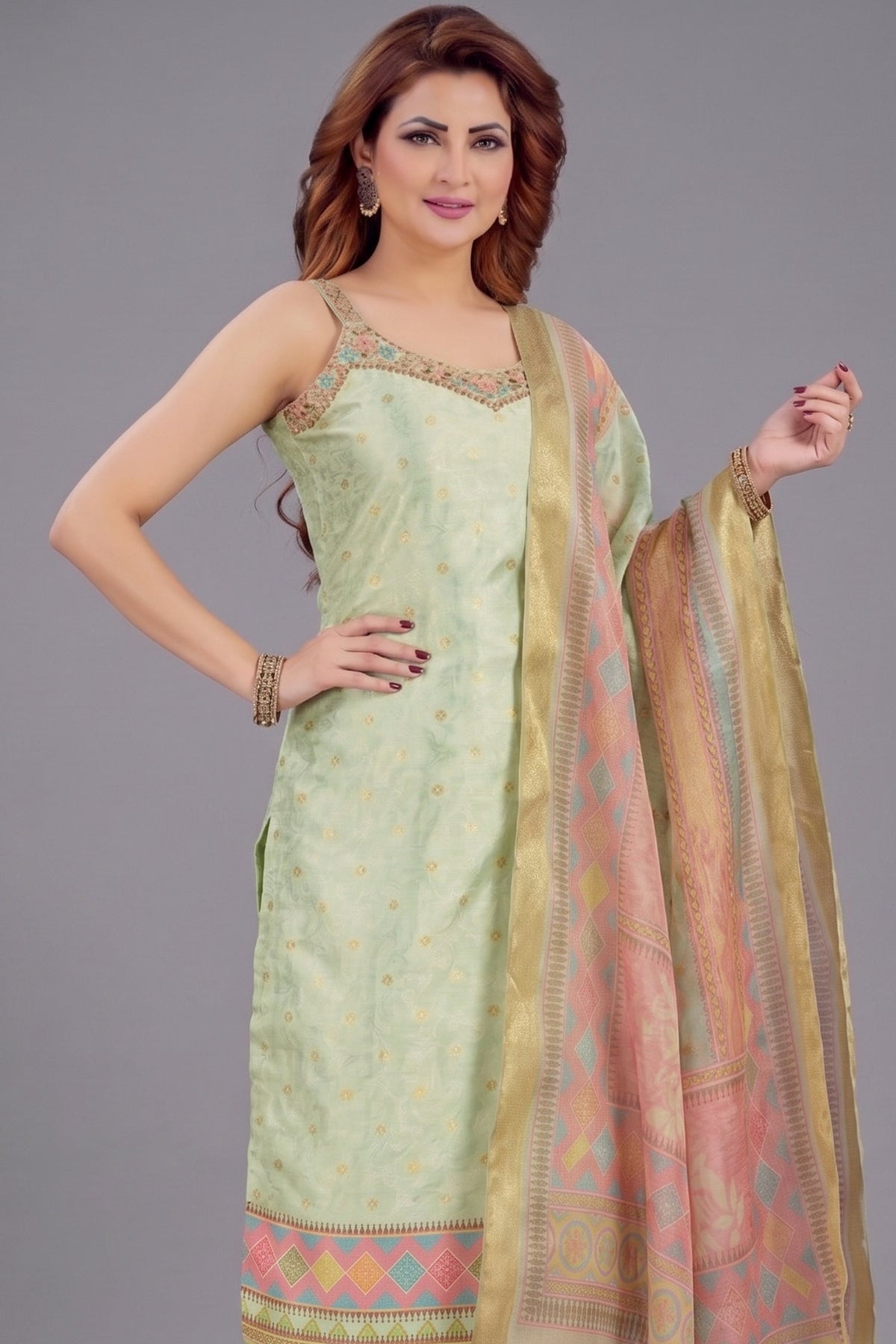 Light Green Jacquard Printed Straight Cut Kurti Set