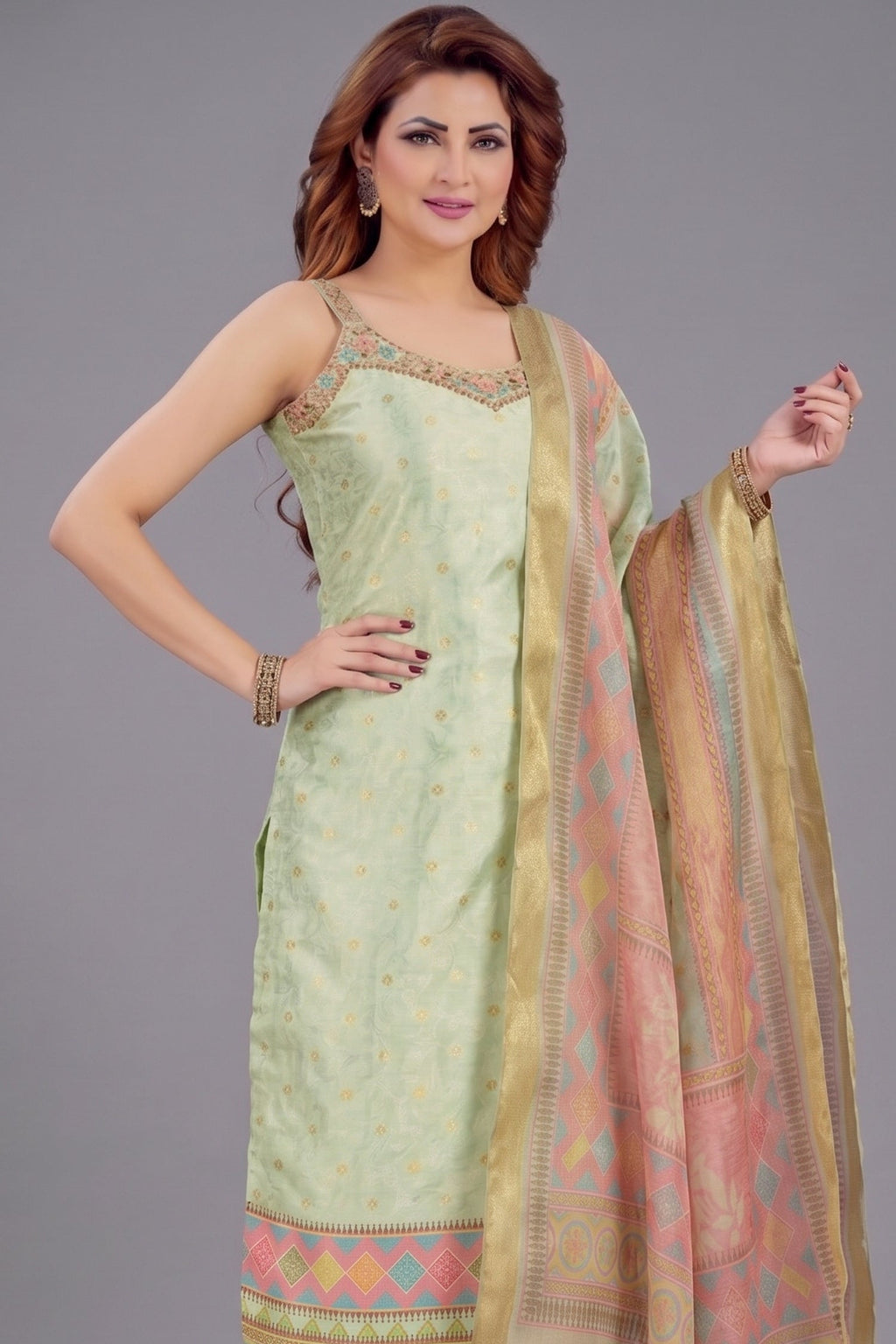 Light Green Jacquard Printed Straight Cut Kurti Set