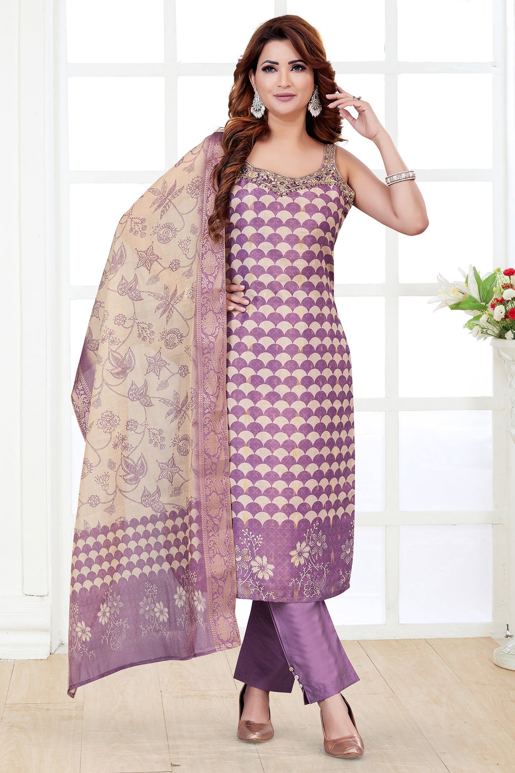 Lilac Tissue Scallop Printed Straight Cut Kurti Set