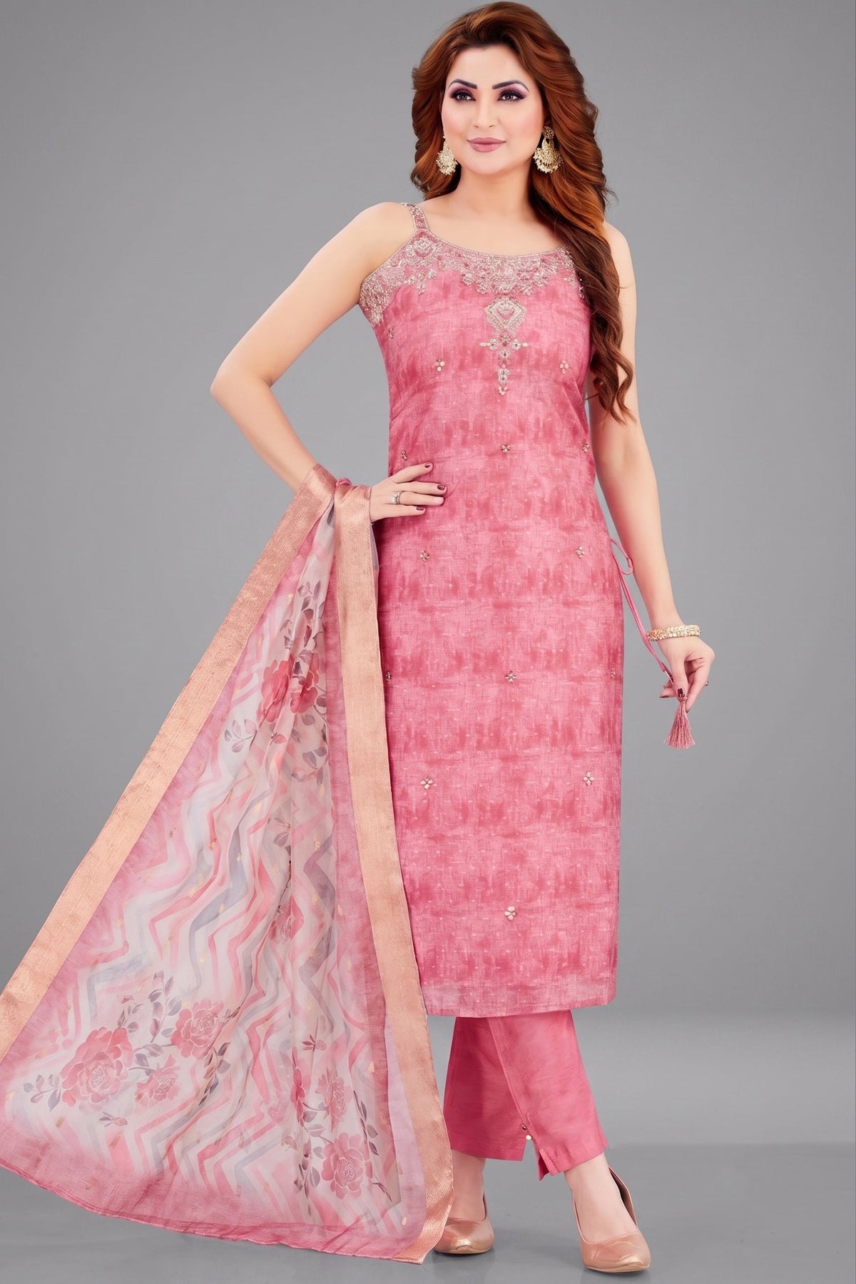 Pink Art Silk Mirror Embroidered Straight Cut Kurti Set