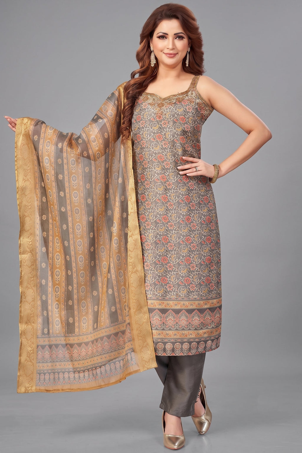 Grey Chanderi Cotton Printed Straight Cut Kurti Set