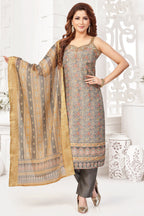 Grey Chanderi Cotton Printed Straight Cut Kurti Set
