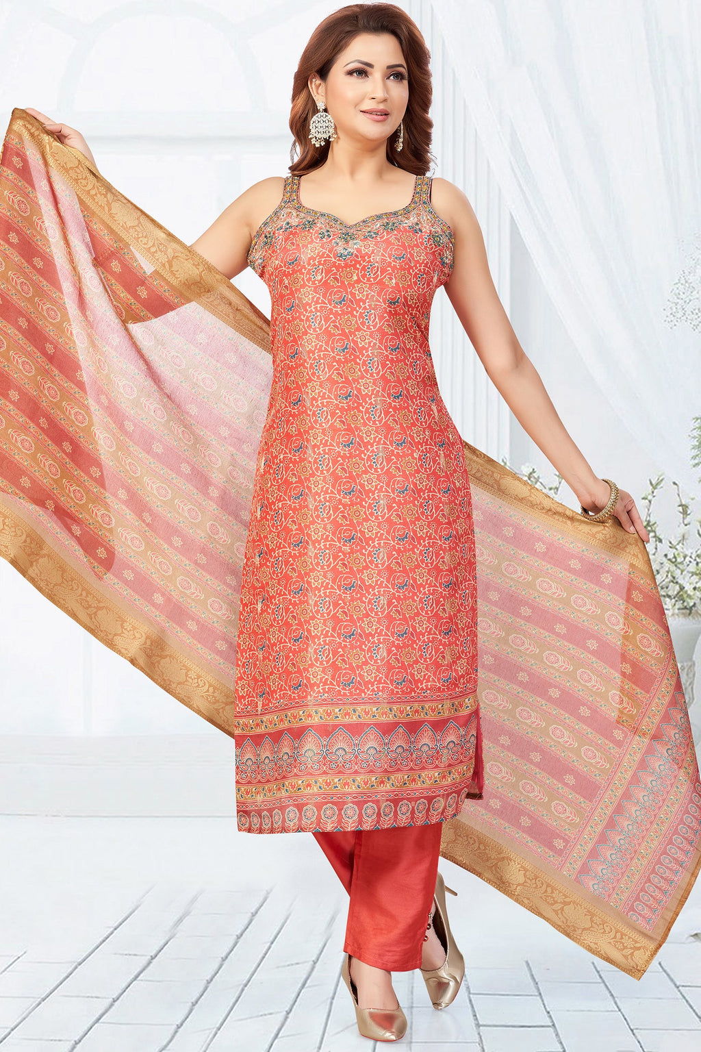 Orange Chanderi Printed Straight Cut Kurti Set