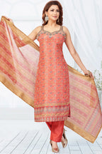 Orange Chanderi Printed Straight Cut Kurti Set