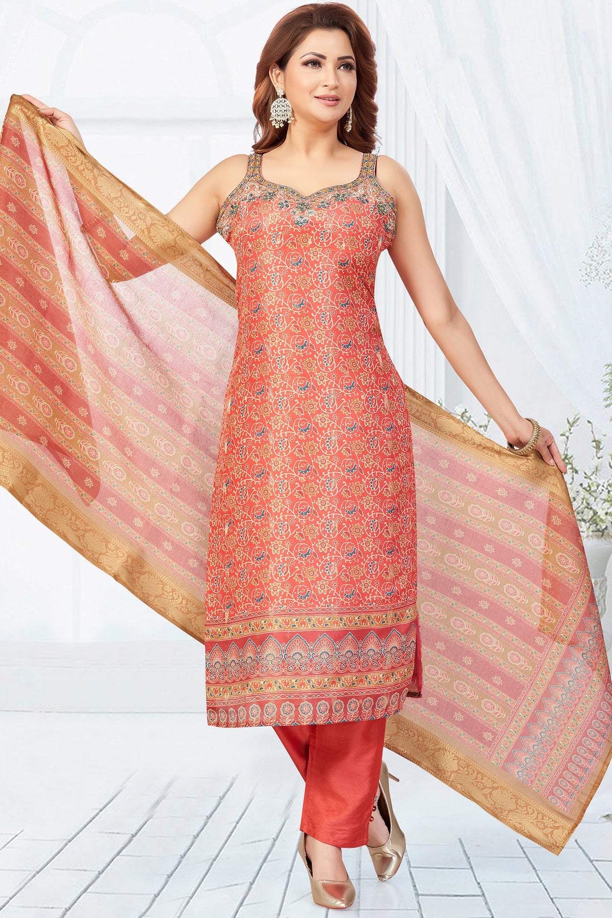 Orange Chanderi Printed Straight Cut Kurti Set